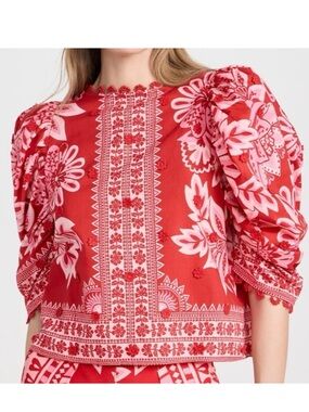 FARM Rio Red and Pink Floral Puff-Sleeve Blouse